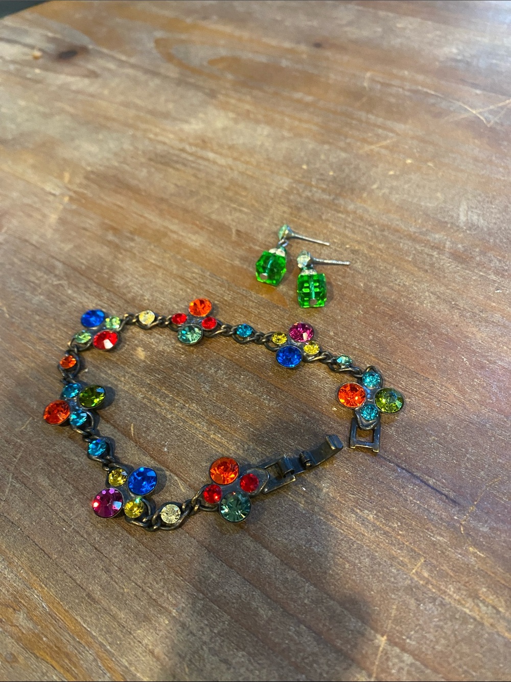 Colorful Multi-Gem Bracelet and Green Crystal Earrings - Women Jewelry